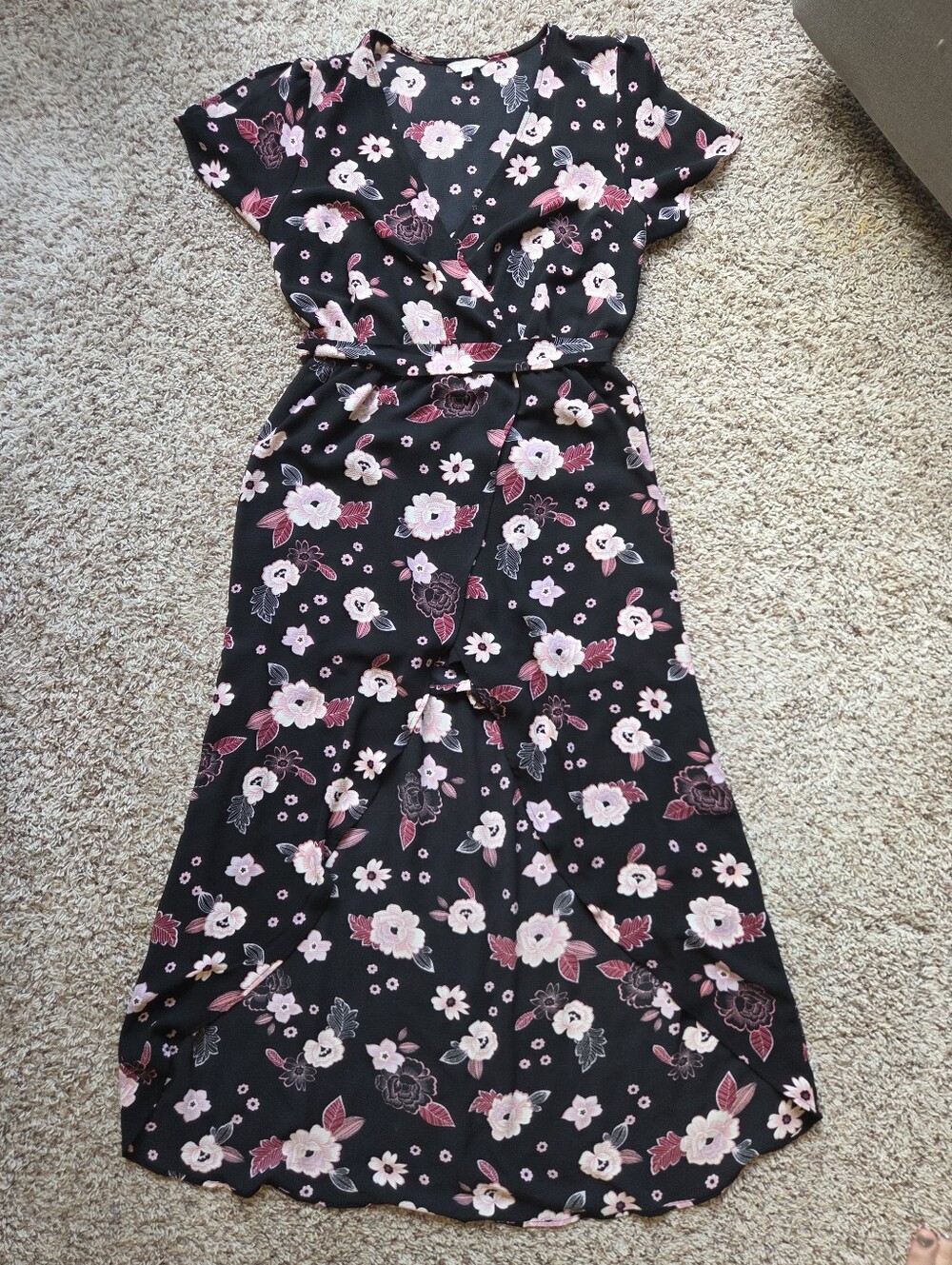 Black Floral Dress with Pink Flower Print